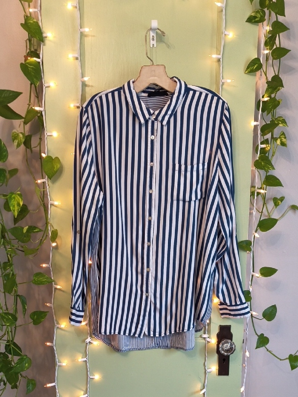 Women's Jane & Delancey Navy White Vertical Stripe Button Up & Back Blouse XL - Picture 11 of 11